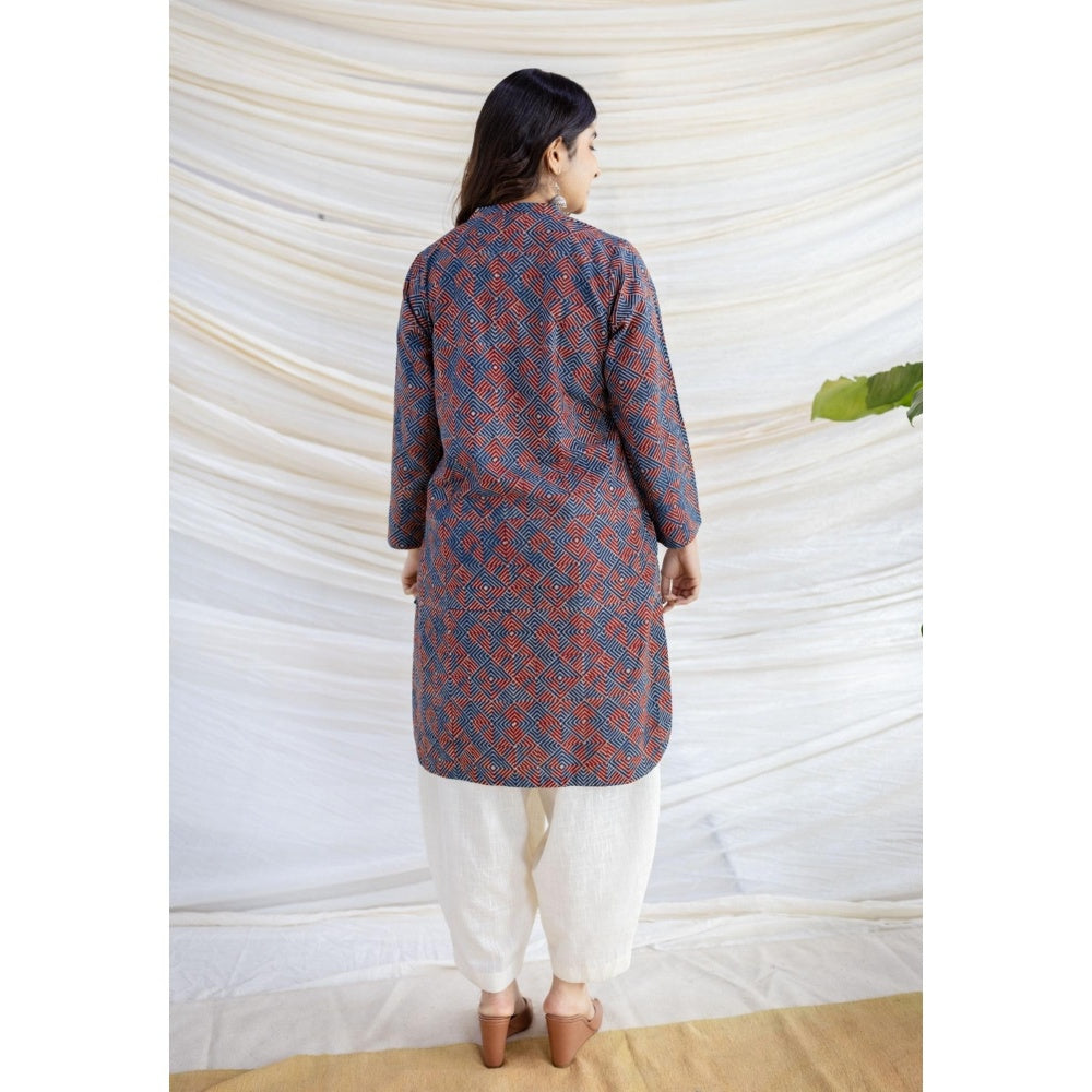 The Indian Ethnic Co. Multi-Color Straight Ajrakh Printed Cotton Kurta With Full Sleeves
