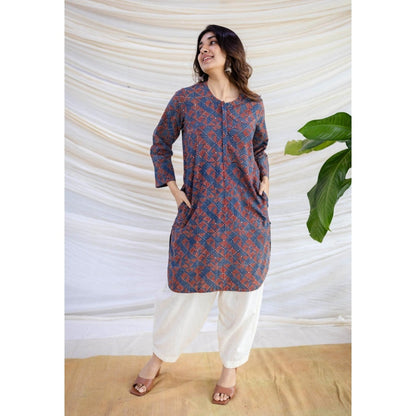 The Indian Ethnic Co. Multi-Color Straight Ajrakh Printed Cotton Kurta With Full Sleeves