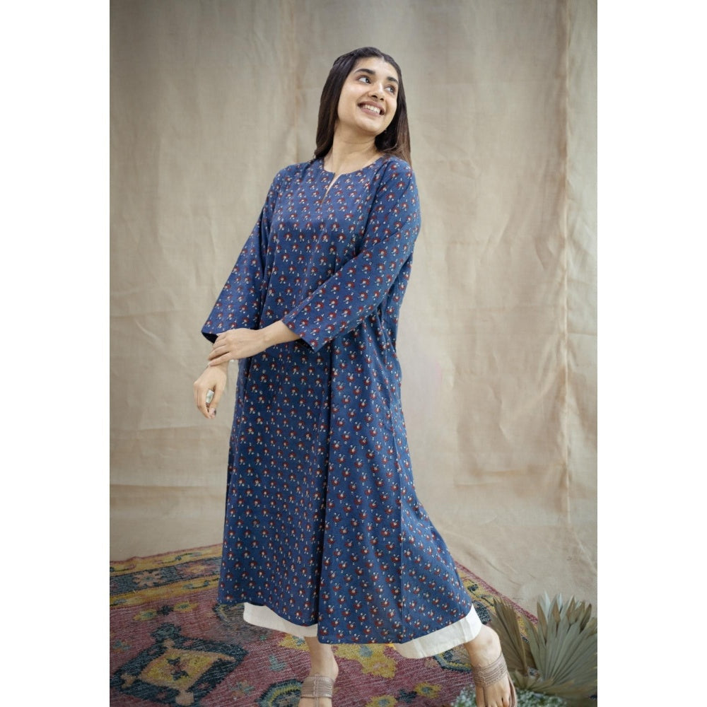 The Indian Ethnic Co. Blue Kali Ajrakh Printed Cotton Kurta With Split V Neck