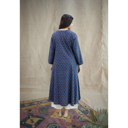 The Indian Ethnic Co. Blue Kali Ajrakh Printed Cotton Kurta With Split V Neck