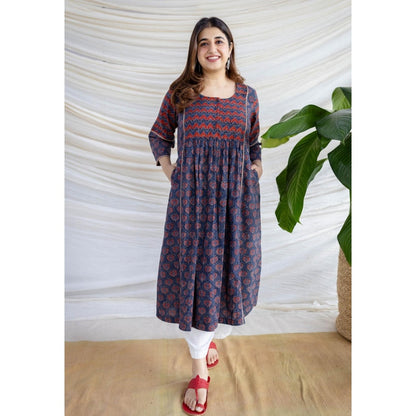 The Indian Ethnic Co. Multi-Color A-Line Ajrakh Printed Cotton Anarkali Kurta With Round Neck