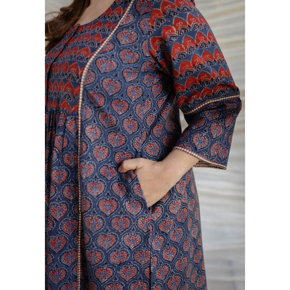 The Indian Ethnic Co. Multi-Color A-Line Ajrakh Printed Cotton Anarkali Kurta With Round Neck