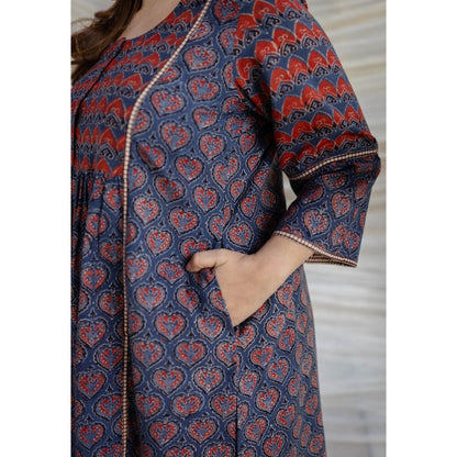 The Indian Ethnic Co. Multi-Color A-Line Ajrakh Printed Cotton Anarkali Kurta With Round Neck