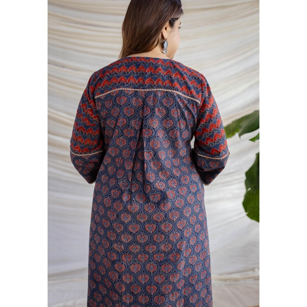 The Indian Ethnic Co. Multi-Color A-Line Ajrakh Printed Cotton Anarkali Kurta With Round Neck