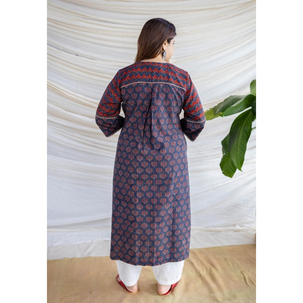 The Indian Ethnic Co. Multi-Color A-Line Ajrakh Printed Cotton Anarkali Kurta With Round Neck