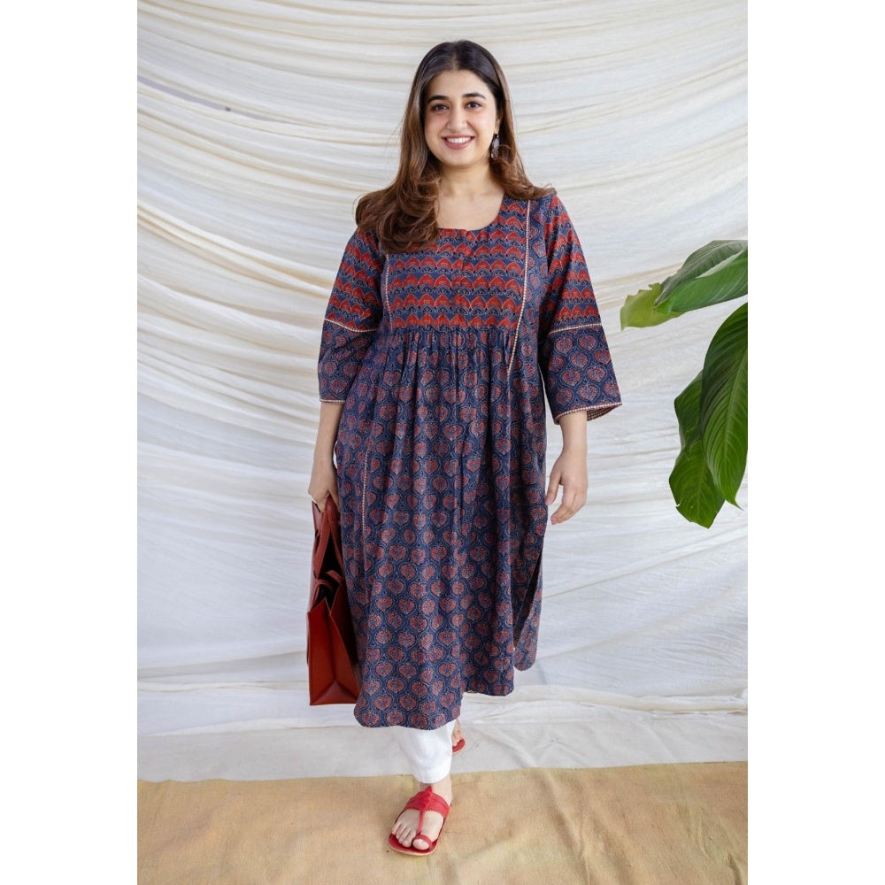 The Indian Ethnic Co. Multi-Color A-Line Ajrakh Printed Cotton Anarkali Kurta With Round Neck