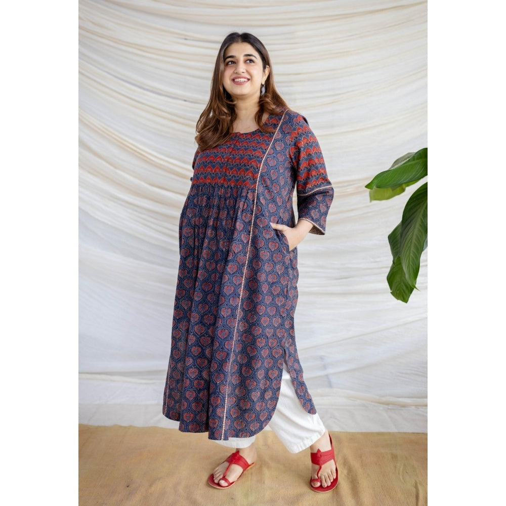 The Indian Ethnic Co. Multi-Color A-Line Ajrakh Printed Cotton Anarkali Kurta With Round Neck
