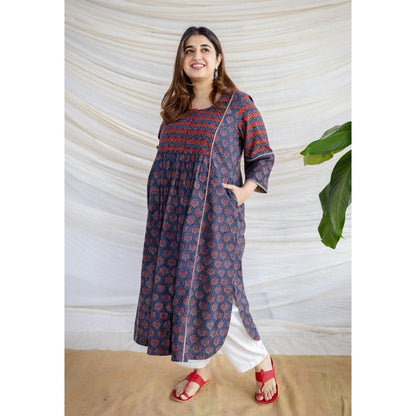 The Indian Ethnic Co. Multi-Color A-Line Ajrakh Printed Cotton Anarkali Kurta With Round Neck