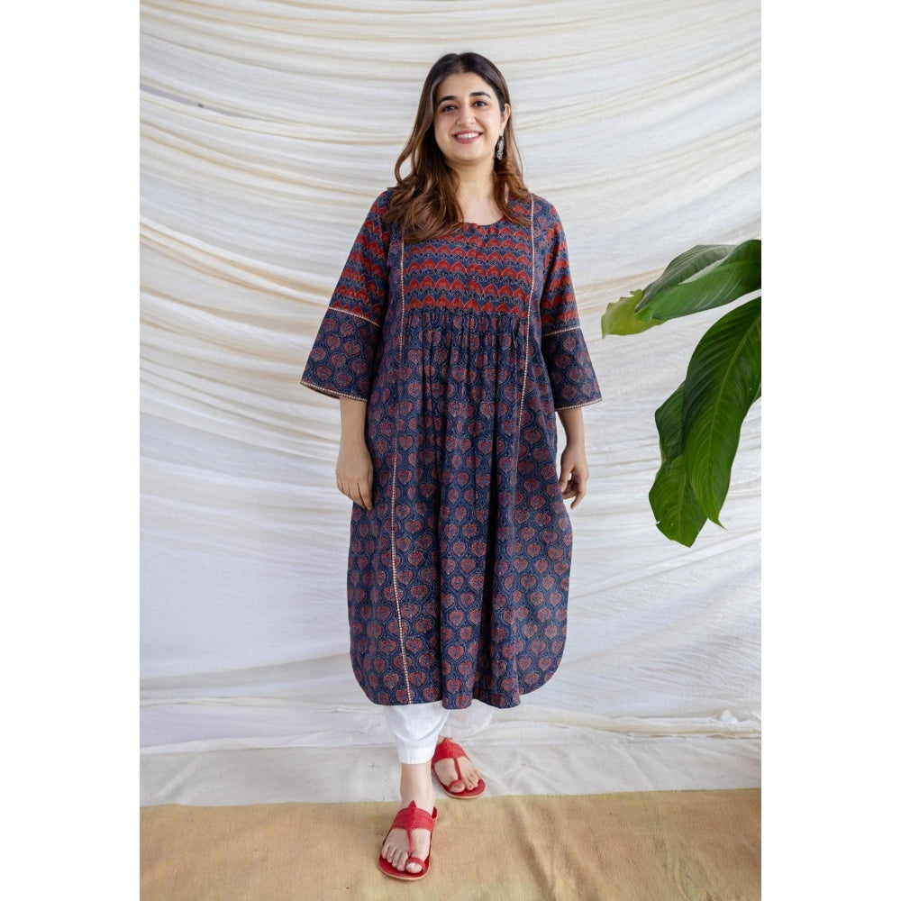 The Indian Ethnic Co. Multi-Color A-Line Ajrakh Printed Cotton Anarkali Kurta With Round Neck