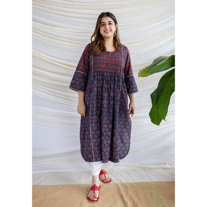 The Indian Ethnic Co. Multi-Color A-Line Ajrakh Printed Cotton Anarkali Kurta With Round Neck