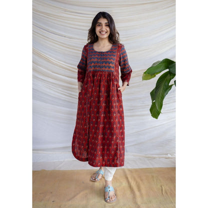 The Indian Ethnic Co. Maroon A-Line Ajrakh Printed Cotton Anarkali Kurta With Round Neck