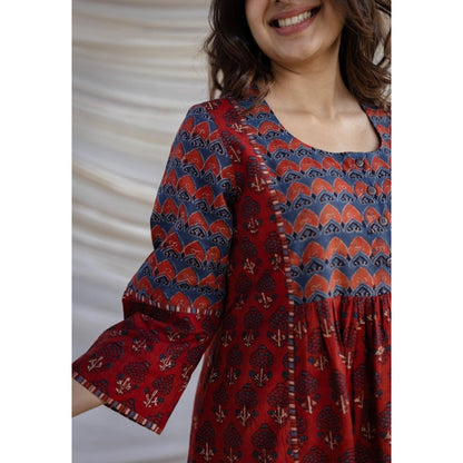 The Indian Ethnic Co. Maroon A-Line Ajrakh Printed Cotton Anarkali Kurta With Round Neck