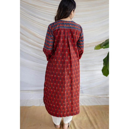 The Indian Ethnic Co. Maroon A-Line Ajrakh Printed Cotton Anarkali Kurta With Round Neck