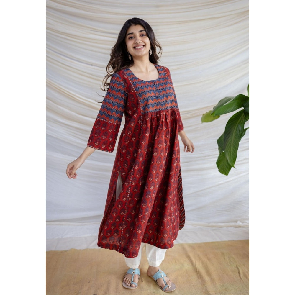 The Indian Ethnic Co. Maroon A-Line Ajrakh Printed Cotton Anarkali Kurta With Round Neck