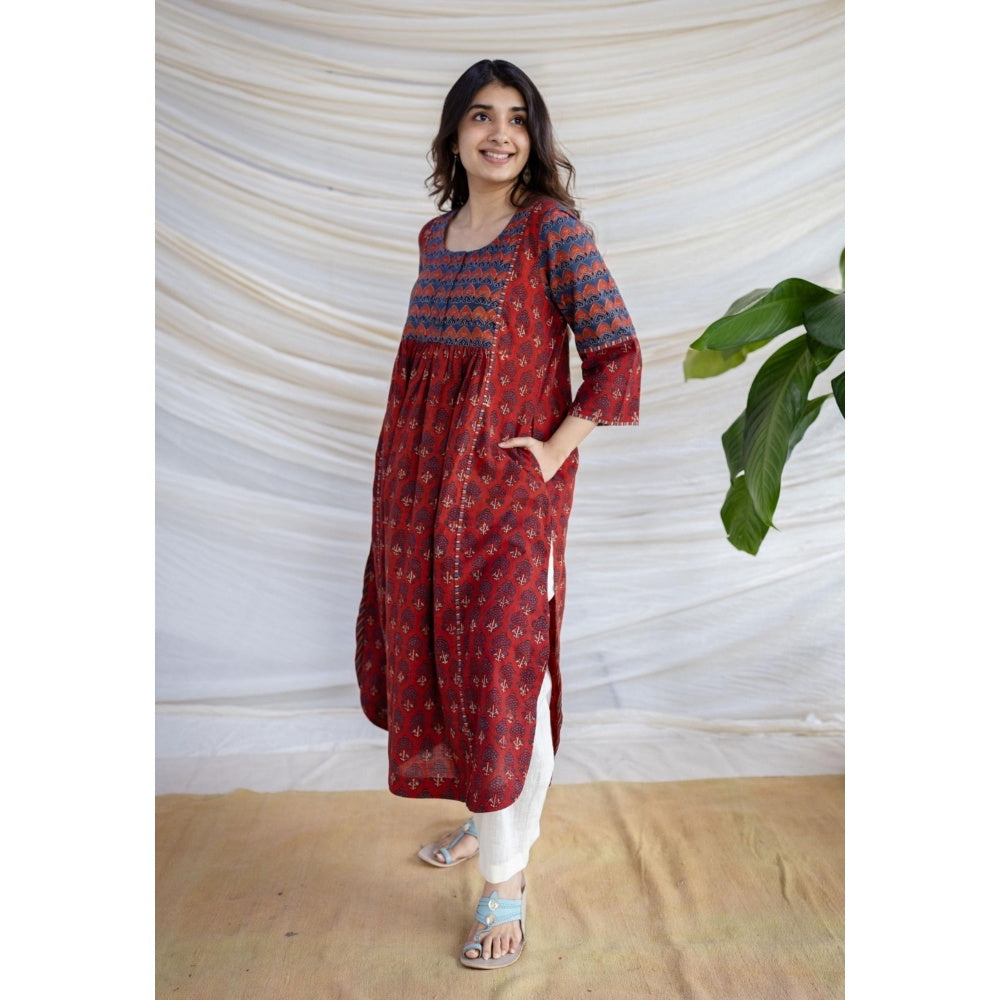 The Indian Ethnic Co. Maroon A-Line Ajrakh Printed Cotton Anarkali Kurta With Round Neck