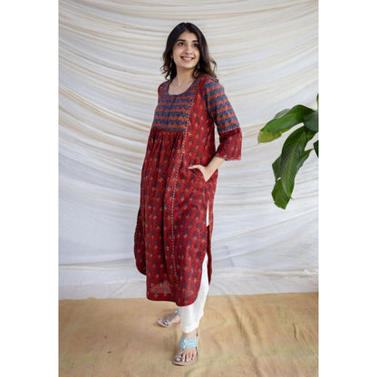 The Indian Ethnic Co. Maroon A-Line Ajrakh Printed Cotton Anarkali Kurta With Round Neck