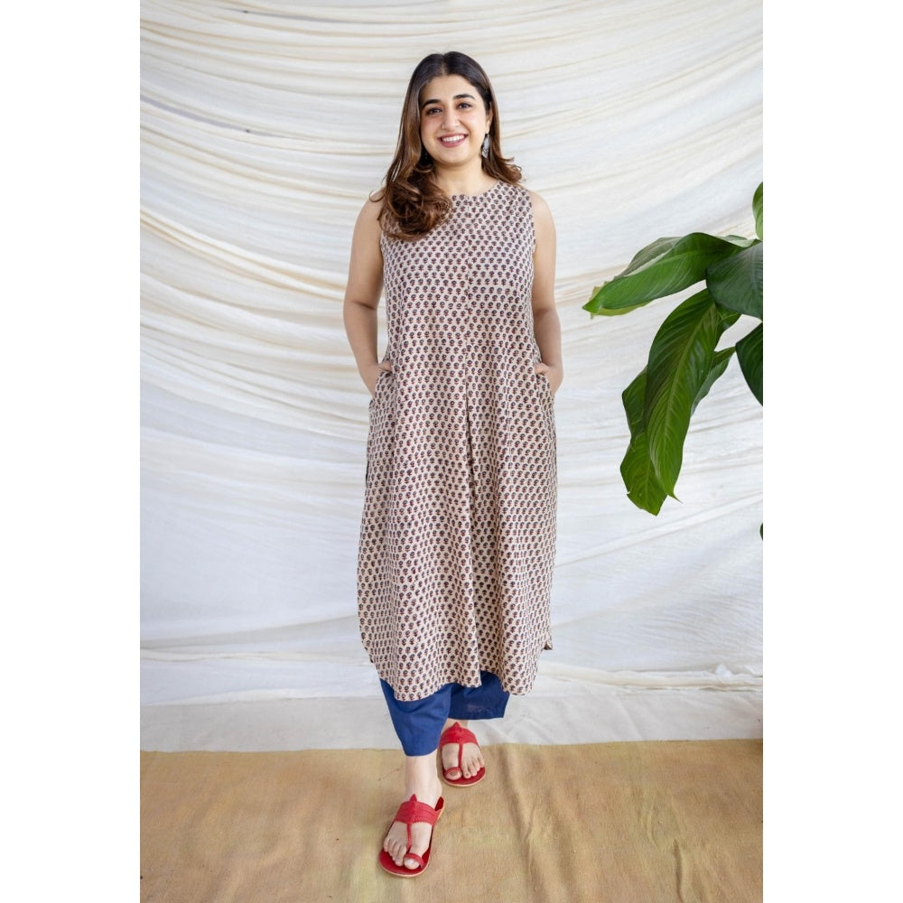 The Indian Ethnic Co. Beige Straight Ajrakh Printed Cotton Kurta With Round Neck