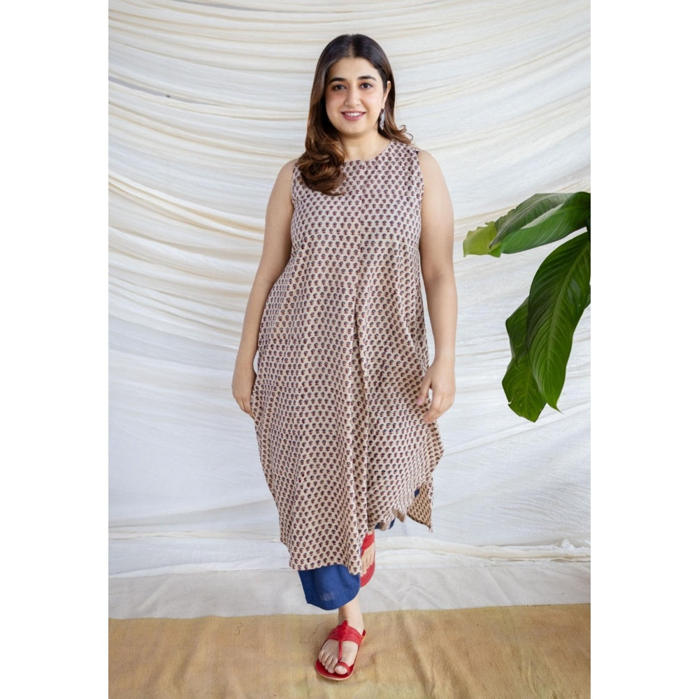The Indian Ethnic Co. Beige Straight Ajrakh Printed Cotton Kurta With Round Neck