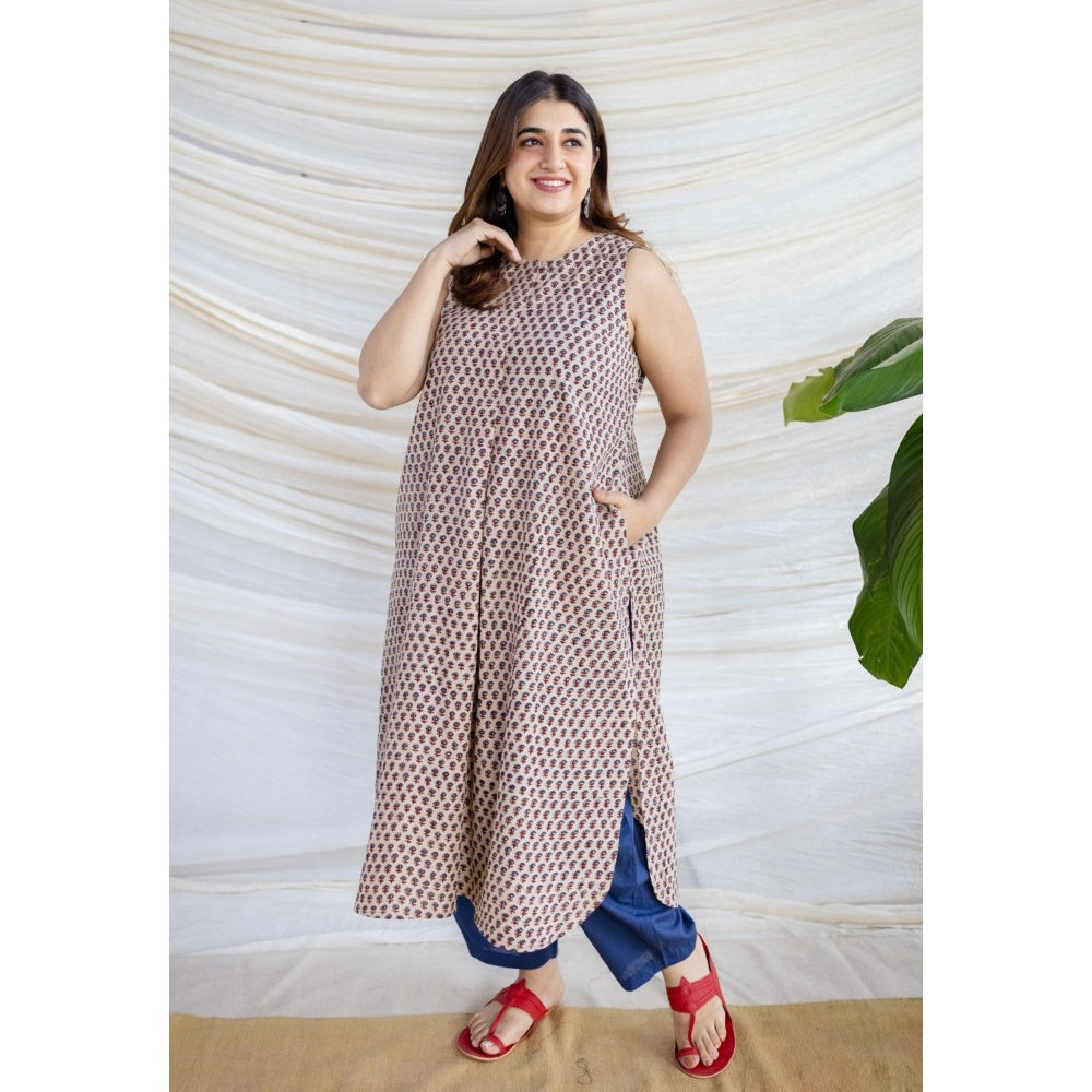 The Indian Ethnic Co. Beige Straight Ajrakh Printed Cotton Kurta With Round Neck