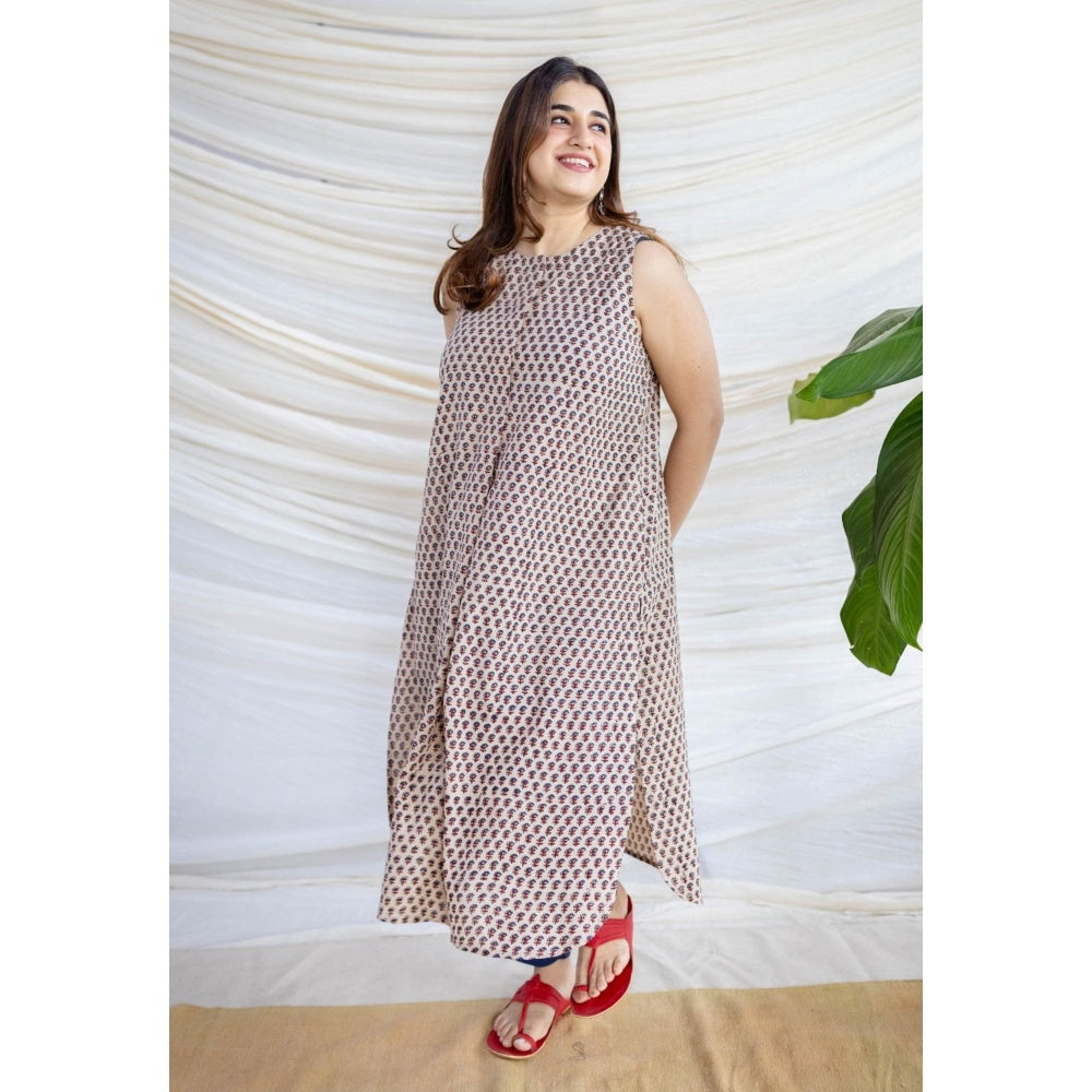 The Indian Ethnic Co. Beige Straight Ajrakh Printed Cotton Kurta With Round Neck