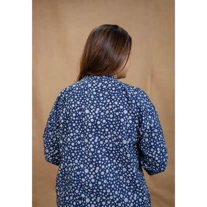The Indian Ethnic Co. Blue Loose Dabu Printed Cotton Kurti With Mandarin Neck