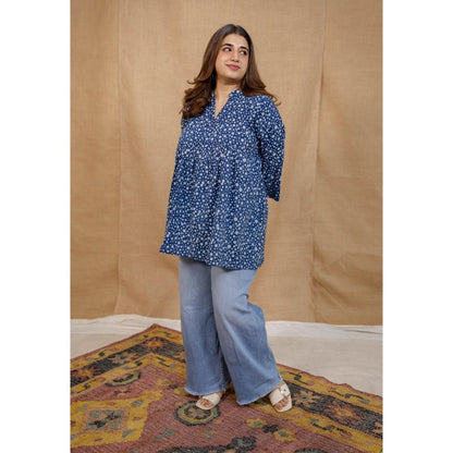 The Indian Ethnic Co. Blue Loose Dabu Printed Cotton Kurti With Mandarin Neck