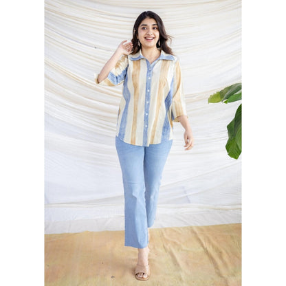 The Indian Ethnic Co. Straight Bagru Printed Cotton Shirt With Collar Neck