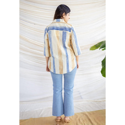 The Indian Ethnic Co. Straight Bagru Printed Cotton Shirt With Collar Neck