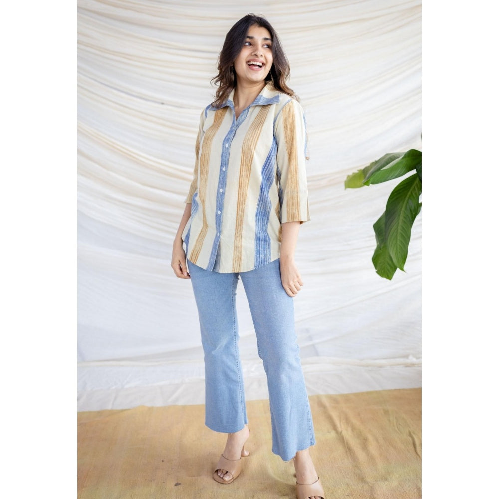 The Indian Ethnic Co. Straight Bagru Printed Cotton Shirt With Collar Neck