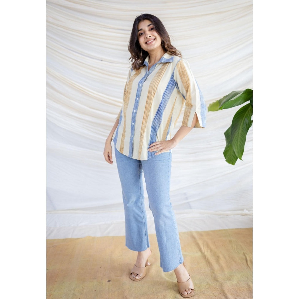 The Indian Ethnic Co. Straight Bagru Printed Cotton Shirt With Collar Neck