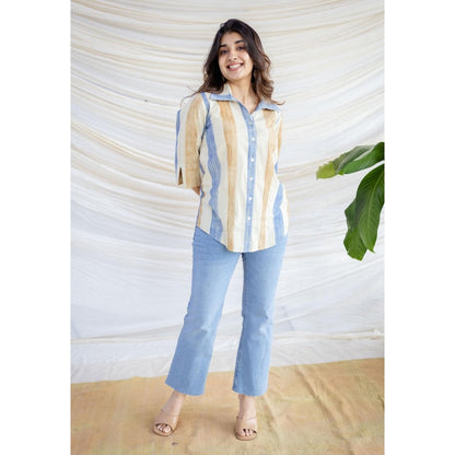The Indian Ethnic Co. Straight Bagru Printed Cotton Shirt With Collar Neck