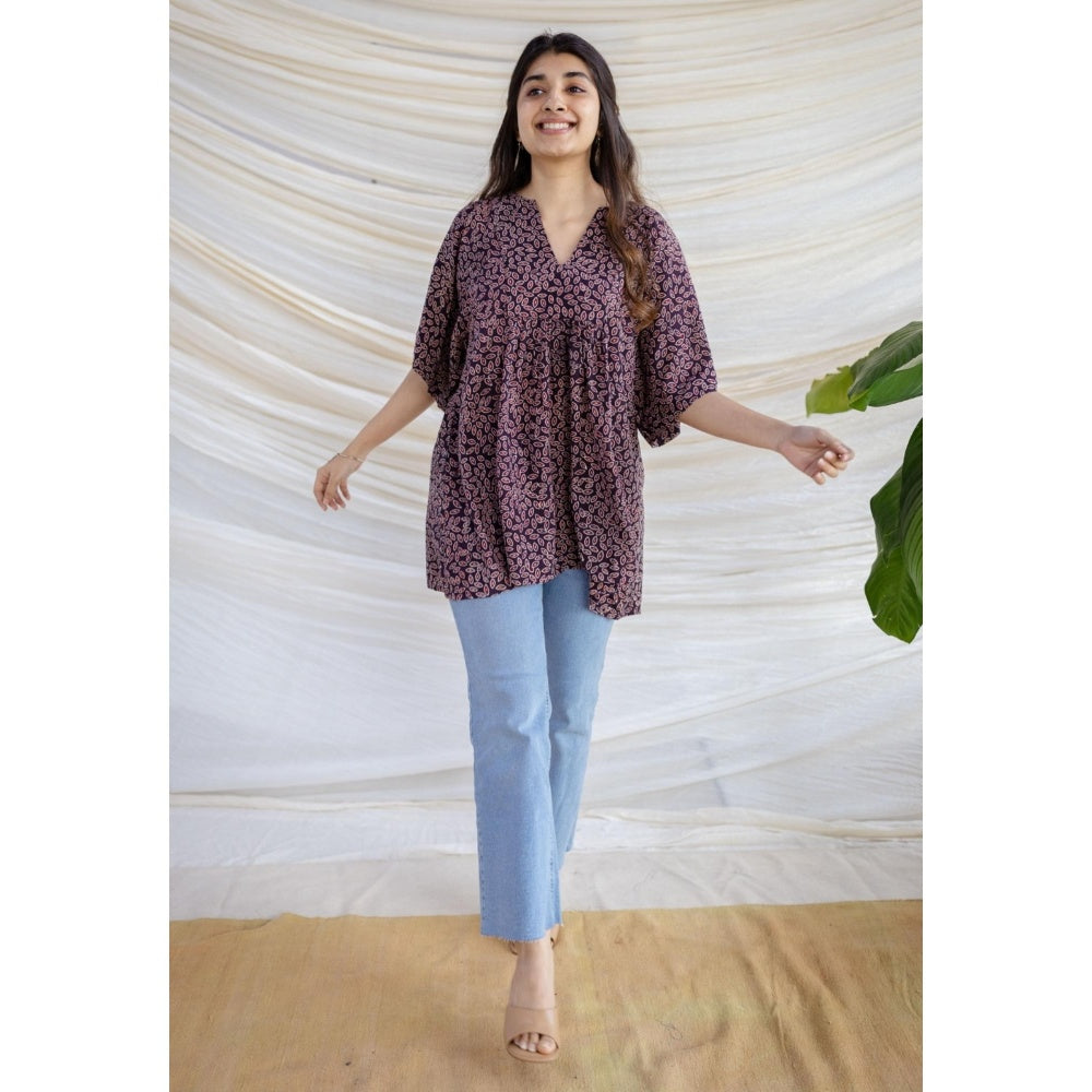 The Indian Ethnic Co. Black Loose Ajrakh Printed Modal Silk Top With V Neck