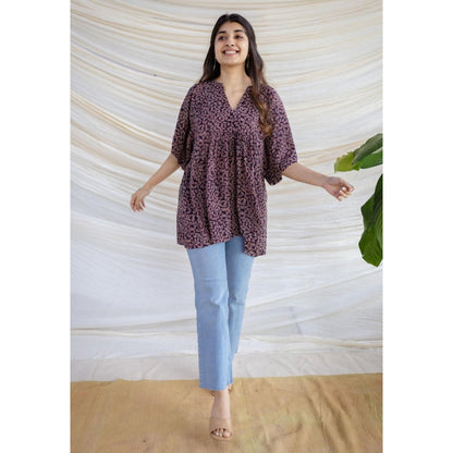 The Indian Ethnic Co. Black Loose Ajrakh Printed Modal Silk Top With V Neck