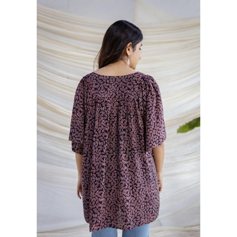 The Indian Ethnic Co. Black Loose Ajrakh Printed Modal Silk Top With V Neck