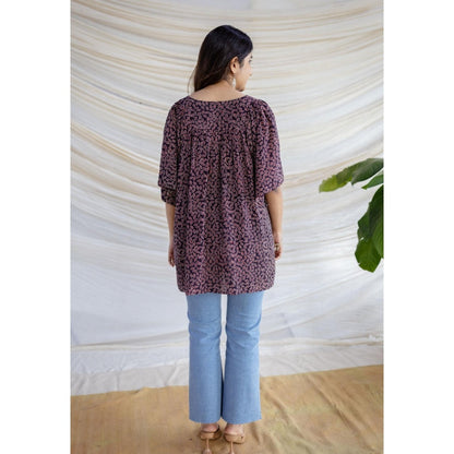 The Indian Ethnic Co. Black Loose Ajrakh Printed Modal Silk Top With V Neck