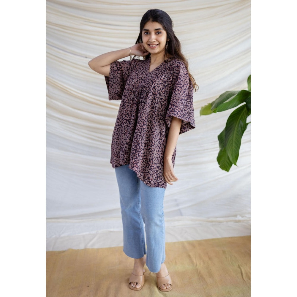 The Indian Ethnic Co. Black Loose Ajrakh Printed Modal Silk Top With V Neck