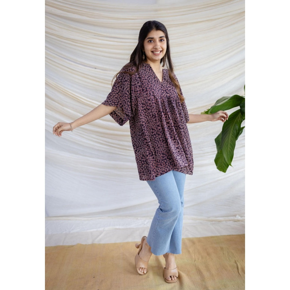 The Indian Ethnic Co. Black Loose Ajrakh Printed Modal Silk Top With V Neck