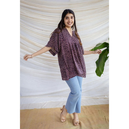 The Indian Ethnic Co. Black Loose Ajrakh Printed Modal Silk Top With V Neck