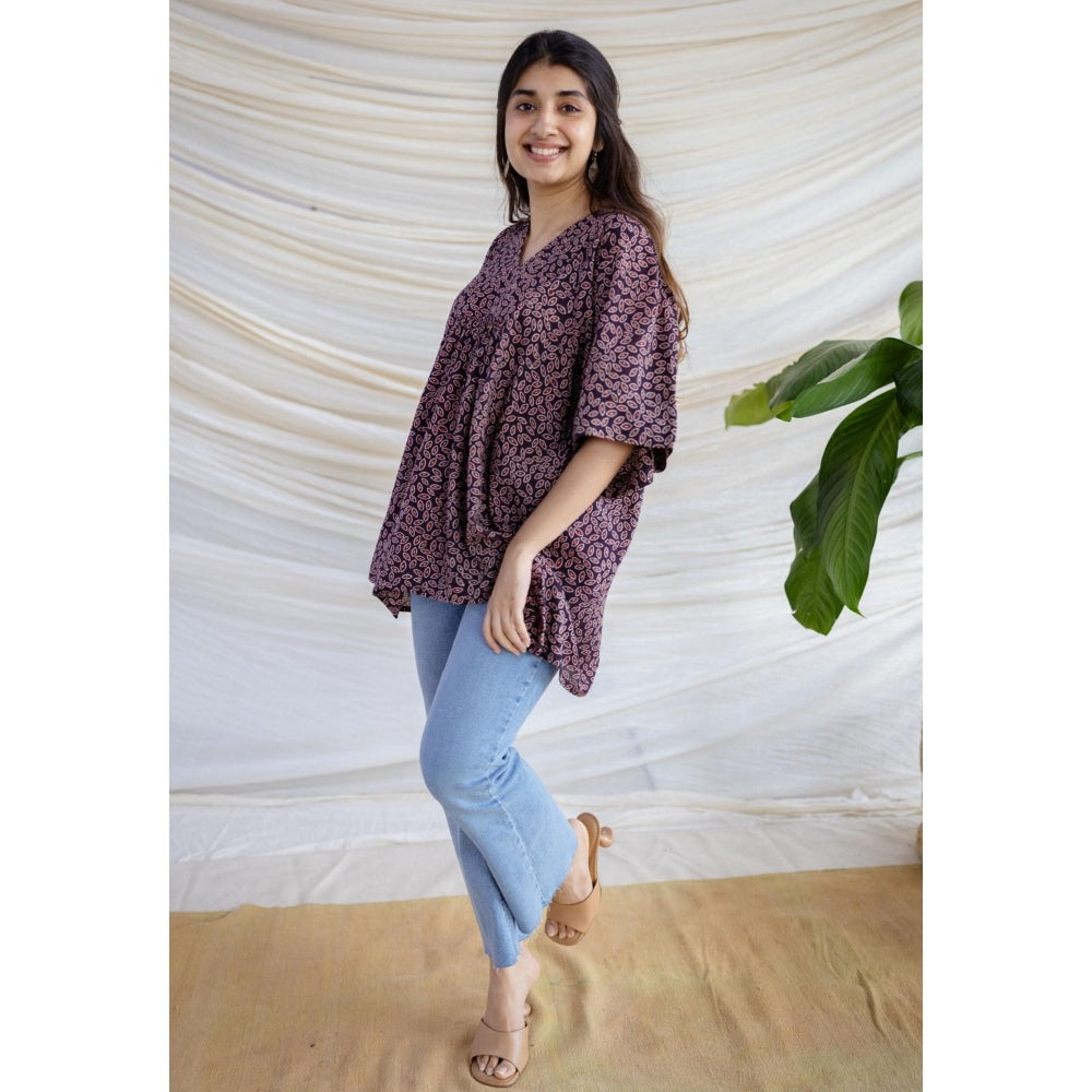 The Indian Ethnic Co. Black Loose Ajrakh Printed Modal Silk Top With V Neck