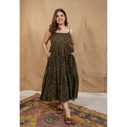 The Indian Ethnic Co. Green A-Line Ajrakh Printed Mul Cotton Dress With Square Neck