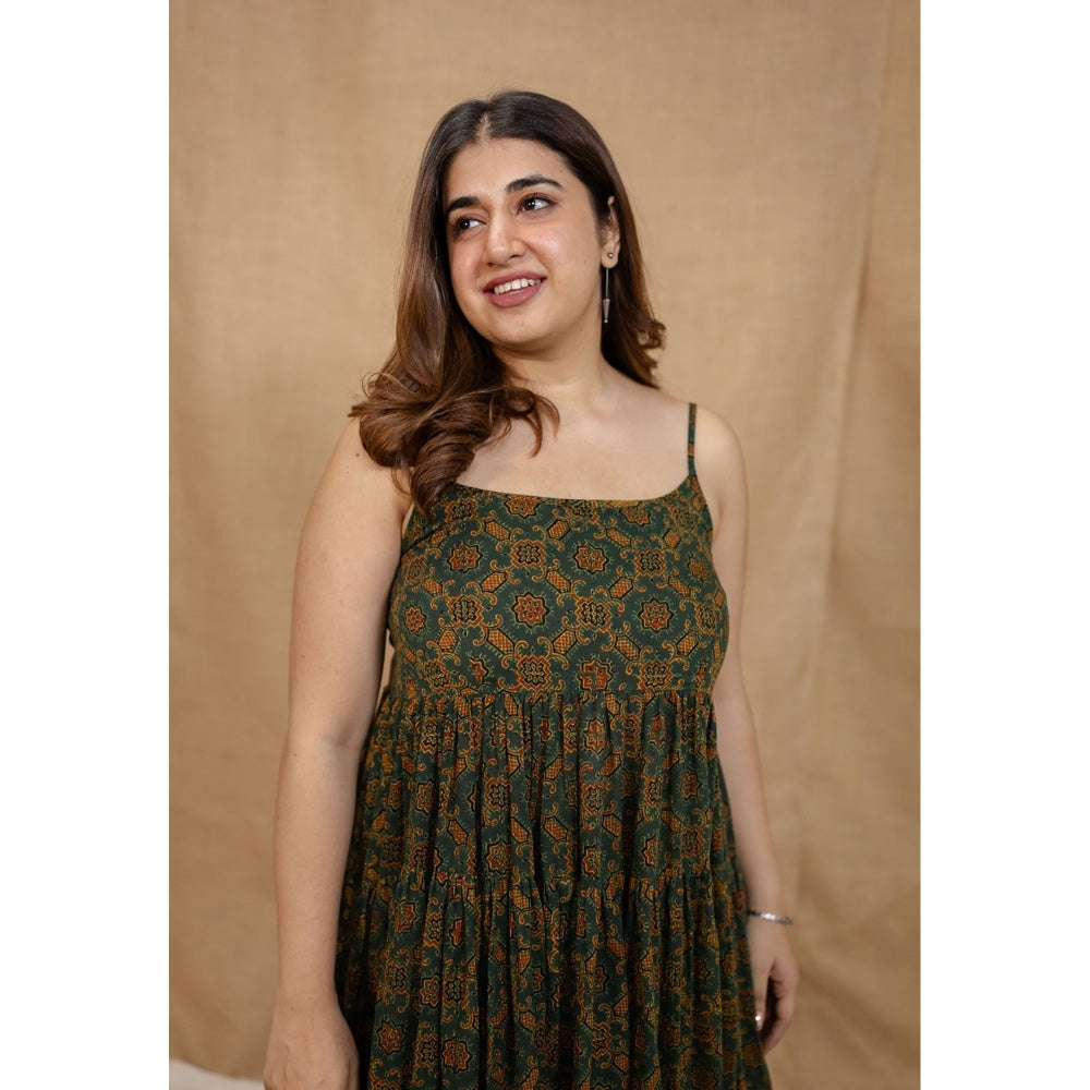 The Indian Ethnic Co. Green A-Line Ajrakh Printed Mul Cotton Dress With Square Neck