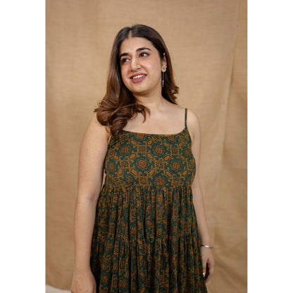 The Indian Ethnic Co. Green A-Line Ajrakh Printed Mul Cotton Dress With Square Neck