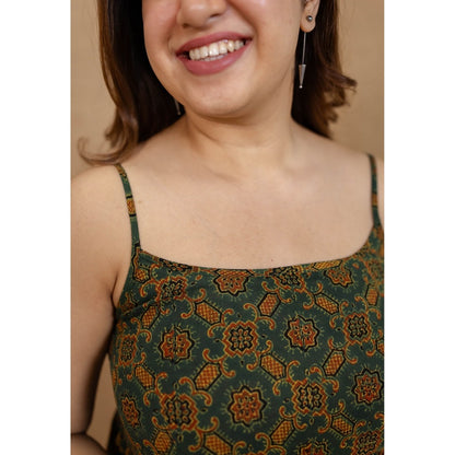 The Indian Ethnic Co. Green A-Line Ajrakh Printed Mul Cotton Dress With Square Neck