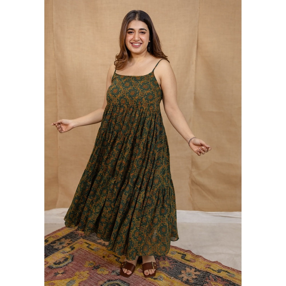 The Indian Ethnic Co. Green A-Line Ajrakh Printed Mul Cotton Dress With Square Neck