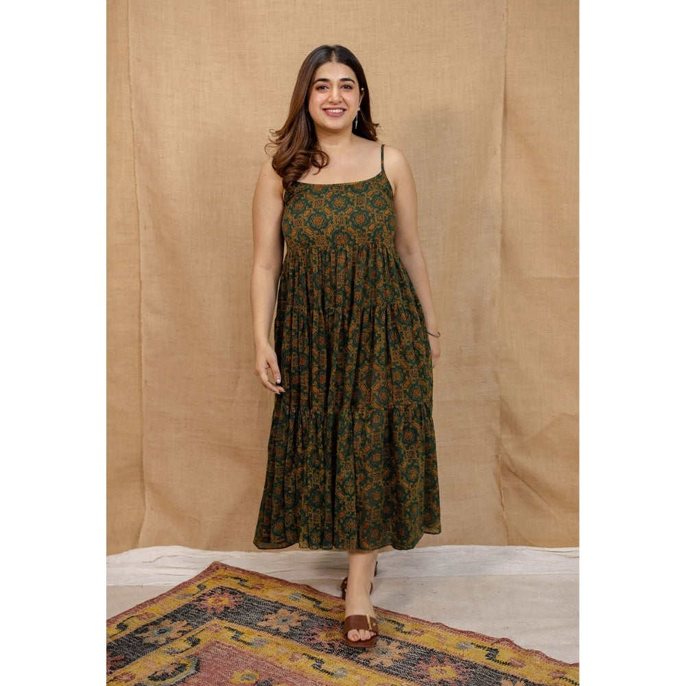 The Indian Ethnic Co. Green A-Line Ajrakh Printed Mul Cotton Dress With Square Neck