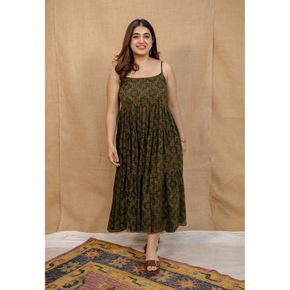 The Indian Ethnic Co. Green A-Line Ajrakh Printed Mul Cotton Dress With Square Neck