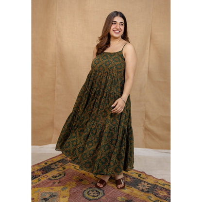 The Indian Ethnic Co. Green A-Line Ajrakh Printed Mul Cotton Dress With Square Neck