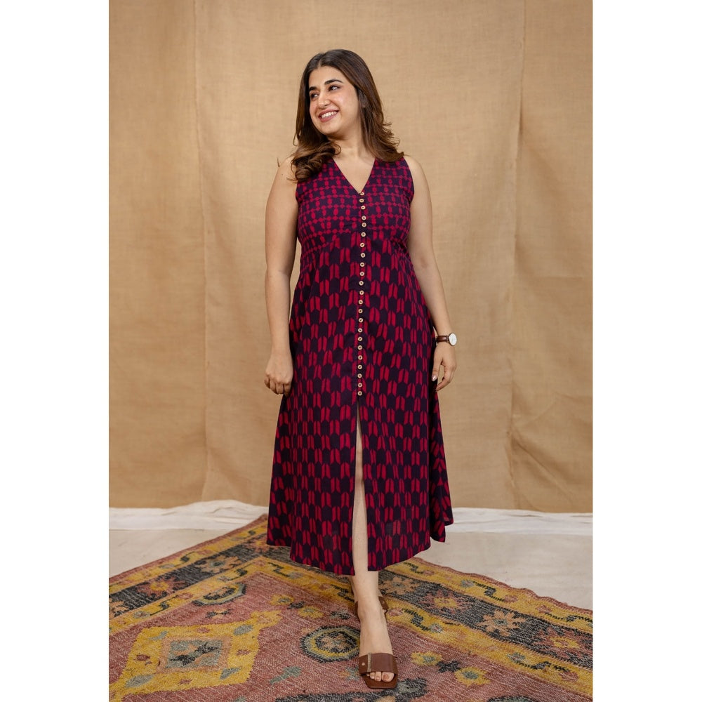 The Indian Ethnic Co. Multi-Color A-Line Dabu Printed Cotton Dress With V Neck