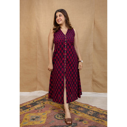 The Indian Ethnic Co. Multi-Color A-Line Dabu Printed Cotton Dress With V Neck