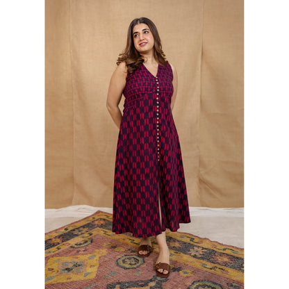 The Indian Ethnic Co. Multi-Color A-Line Dabu Printed Cotton Dress With V Neck